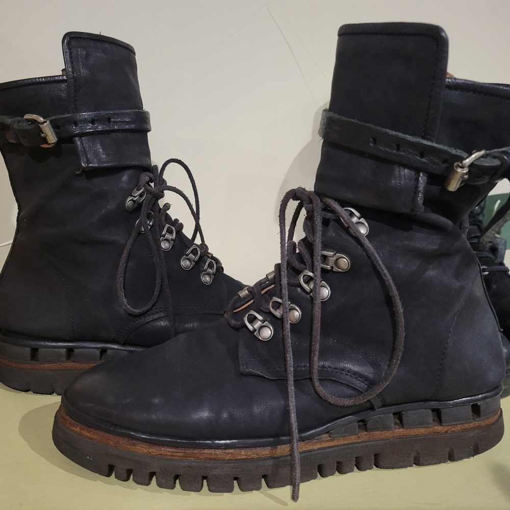 A.S.98 PIKE Black Lace-Up Combat Boots Buckle Strap 39 - Picture 3 of 5